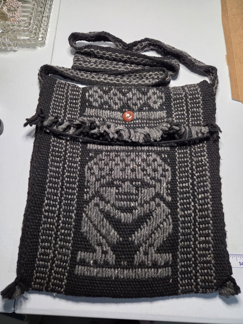 ​Vintage Ecuadorian Hand-Woven 100% Wool Crossbody Bag Anthropomorphic Deity